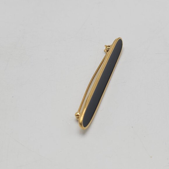 Elegant Black Enamel Gold Monet Designer Bar Brooch Vintage Signed Pin - Picture 2 of 5